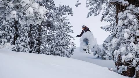 snowboarder riding in powder